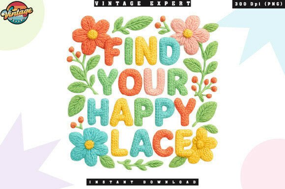 Floral Happy Place Crochet Yarn Faux PNG