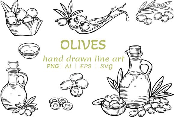Olives Line Art Bundle: Hand Drawn Elements