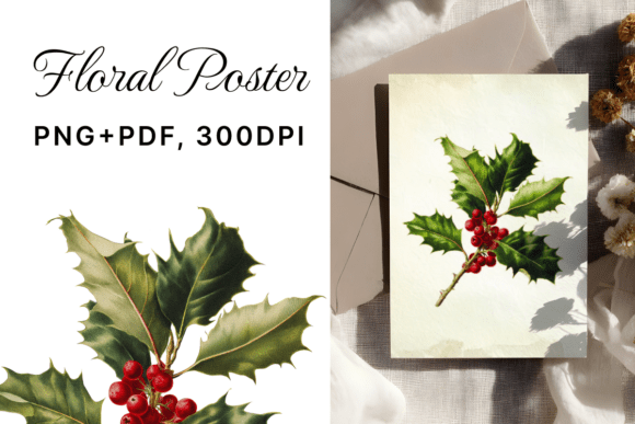 Vintage Holly with Berries: PNG and PDF Botanical Art Guide